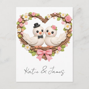 Postal Pájaros de Amor Adorables en Corona Floral con For