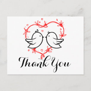 Postal Pájaros de Amor Agradecidos Bodas Corazones Rojos