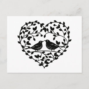 Postal Pájaros de amor Corazón floral negro - Boda, Amor,