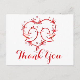 Postal Pájaros de Amor Rojo Gracias Corazones Boda Amor