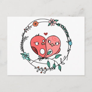 Postal Pájaros de amor rosados Bodas de amor floral
