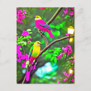 Postal Pájaros de fantasía de colores brillantes