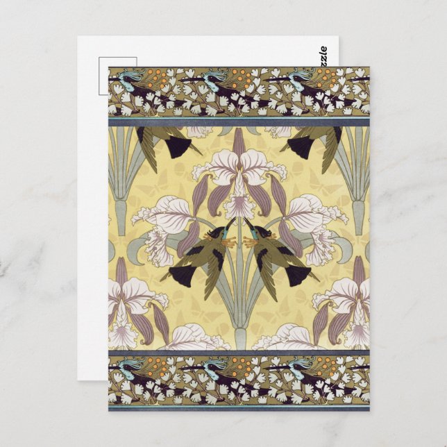 Postal Pájaros de humor, orquídeas, pelo de soltero, vain (Anverso / Reverso)