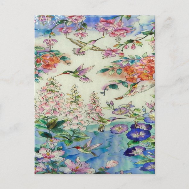 Postal Pájaros de humor y flores WOW de vidrio manchado (Anverso)