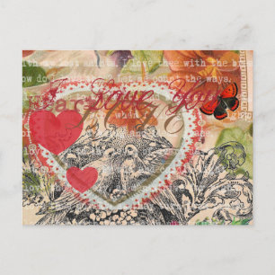 Postal Pájaros del Corazón Arte Collage Rojo Amor