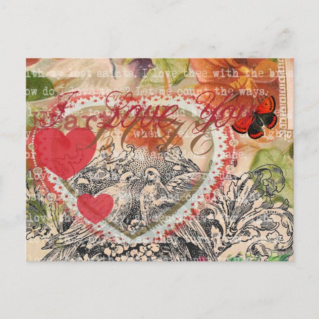 Postal Pájaros del Corazón Arte Collage Rojo Amor (Anverso)