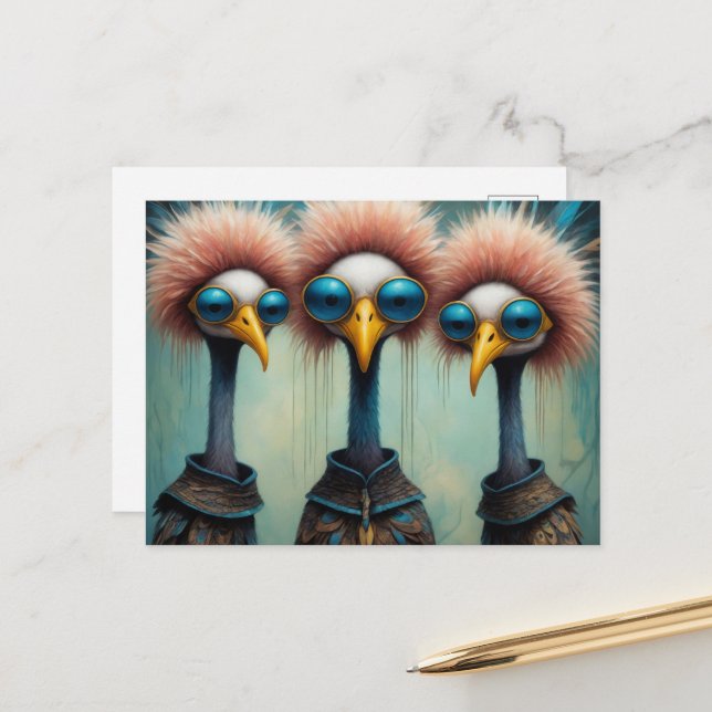 Postal Pájaros Divertidos en Suéteres (Anverso/Reverso In Situ)