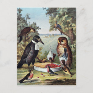 Postal Pájaros en picnic, pintura, reproducción,