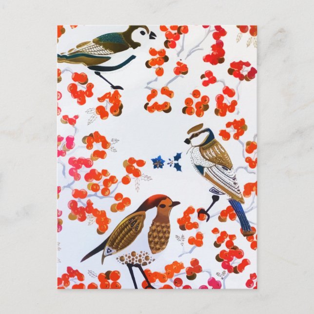 Postal Pájaros invernales de Navidad dorados Acebo Frutas (Anverso)