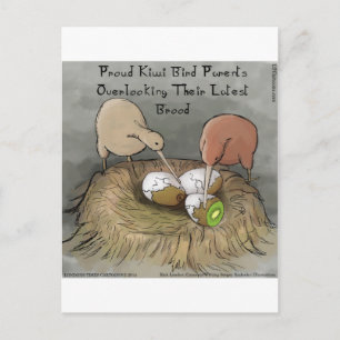 Postal Pájaros Kiwi Divertidos Cuidando su Fruta
