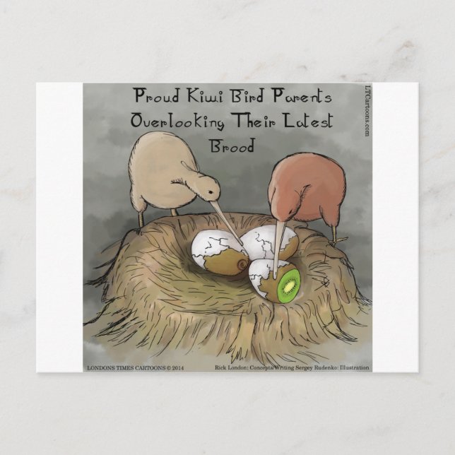 Postal Pájaros Kiwi Divertidos Cuidando su Fruta (Anverso)