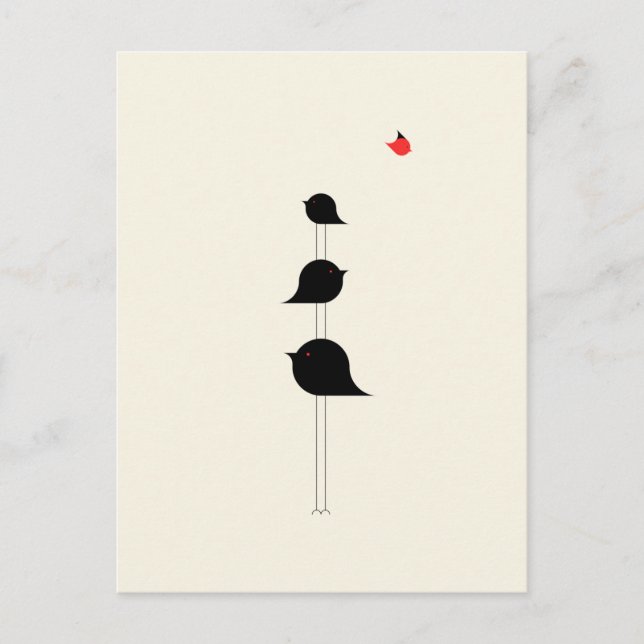 Postal Pájaros minimalistas, dibujos rojos negros (Anverso)