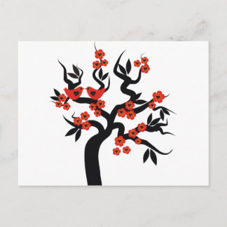 Postal Pájaros rojos negros de amor sakura cerezo y flore