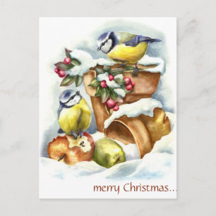 Postal Pájaros Vintage y Macetas de Flores de Navidad