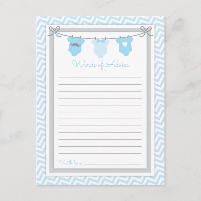 Postal Palabras Baby Shower de consejos azul-gris (Anverso)