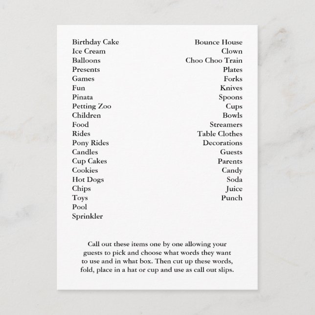 Postal Palabras de la fiesta de cumpleaños de Bingo Card (Anverso)