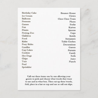 Postal Palabras de la fiesta de cumpleaños de Bingo Card