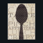 Postal Palabras para la cocina<br><div class="desc">© Pela Studio / Wild Apple. Imagen con una silueta de una cuchara en negro. En la imagen se puede ver un fondo de color marrón con palabras.</div>