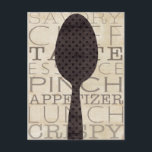 Postal Palabras para la cocina<br><div class="desc">© Pela Studio / Wild Apple. Imagen con una silueta de una cuchara en negro. En la imagen se puede ver un fondo de color marrón con palabras.</div>