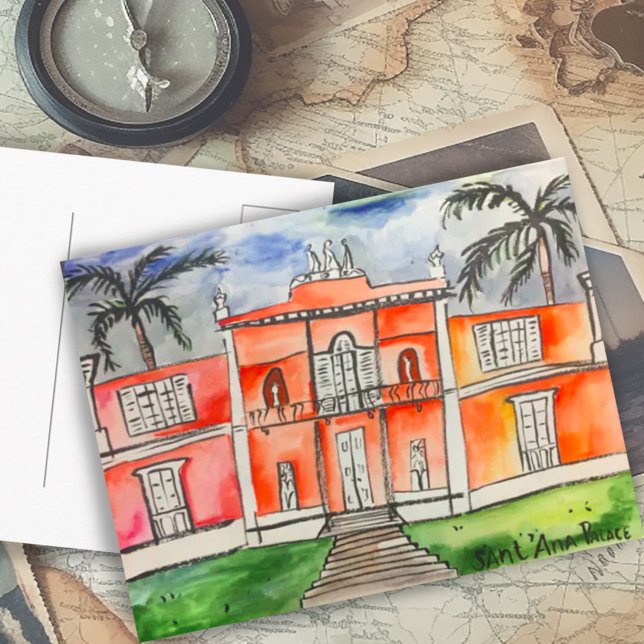 Postal Palacio de Sant'Ana Azores Ponta Delgalda São Migu (Sant'Ana Palace Azores Ponta Delgalda São Miguel watercolor art custom Postcard)
