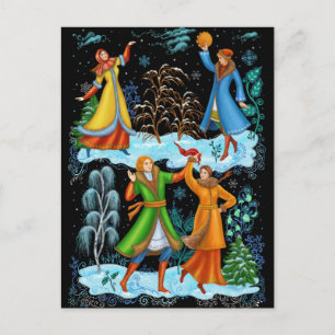 Postal Palekh. Festividades tradicionales rusas de invier