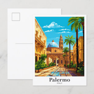 Postal Palermo Italia Ilustracion Viaje Vintage