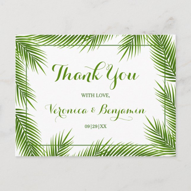 Postal Palm Leaves Tropical Beach Wedding Gracias (Anverso)