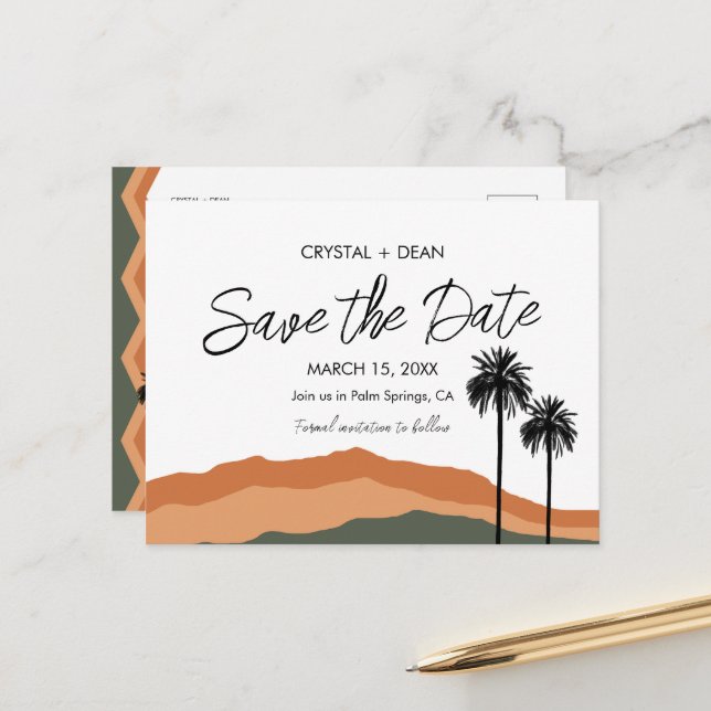 Postal Palm Springs Modern Save the Date Postcard tan/olv (Anverso/Reverso In Situ)