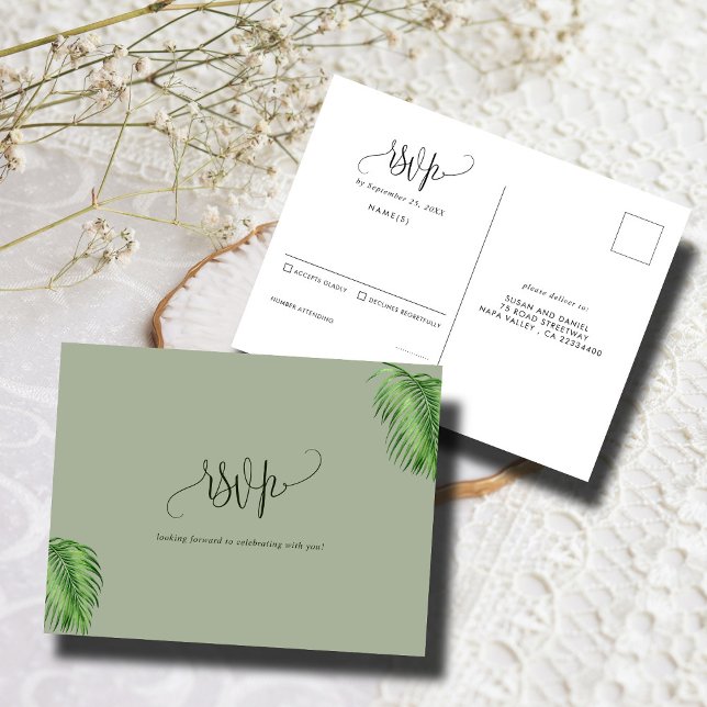 Postal Palma acuarela tropical hojas matrimonio RSVP (Subido por el creador)