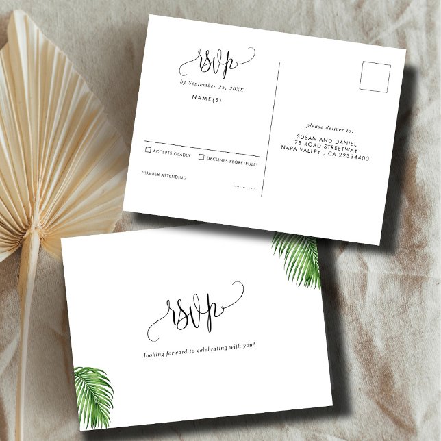 Postal Palma acuarela tropical hojas matrimonio RSVP (Subido por el creador)