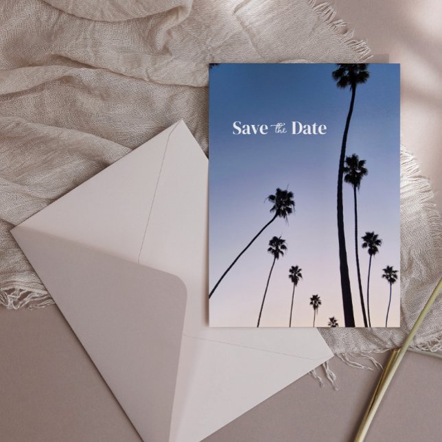 Postal Palmeras de Malibu ・ Salven la fecha ・ Azul Boho (malibu palms save the date with envelope)