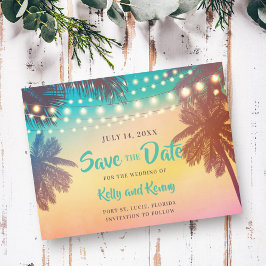 Postal Palmeras de playa y luces para salvar la fecha