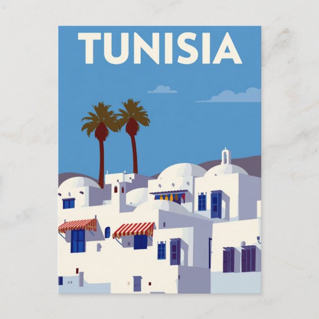 Postal Palmeras de Túnez Arte Azul y Blanco (Anverso)