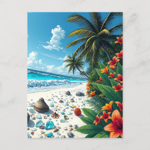 Postal Palmeras y la costa oceánica diciendo hola