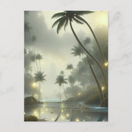 Postal Palmeras y niebla del océano día brumoso