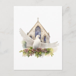 Postal Paloma blanca con iglesia