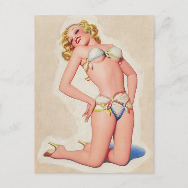 Postal Paloma de pulpa en pinup de bikini (Anverso)
