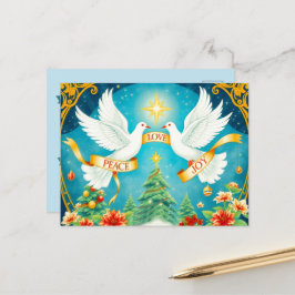 Postal Palomas de Navidad, Árbol de Navidad, Amor,Paz, Al
