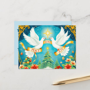 Postal Palomas de Navidad, Árbol de Navidad, Amor,Paz, Al