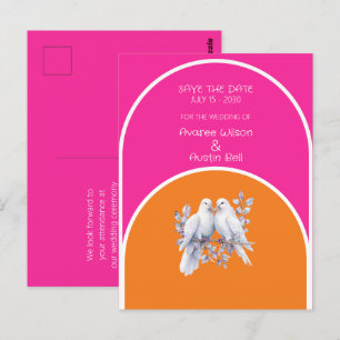Postal Palomas y anillos de rosado caliente y mandarina a