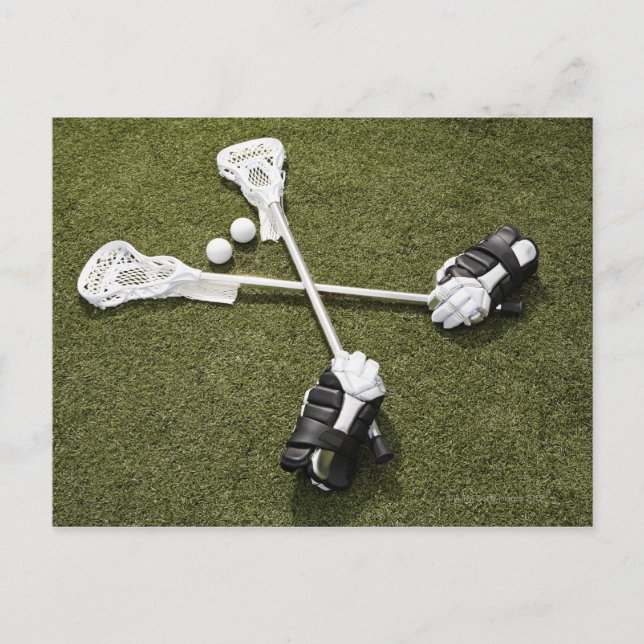 Postal Palos, guantes y bolas de lacrosse en artificiales (Anverso)
