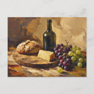 Postal Pan de vino queso uvas pintura de arte abstracto