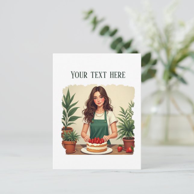 Postal Panadería de pastel de fresa fresca linda (Anverso de pie)