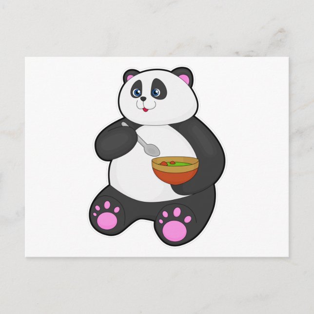 Postal Panda comiendo con cuchara y tazón (Anverso)