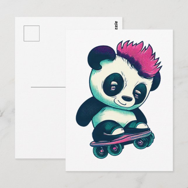 Postal Panda de bebé lindo con mohawk | Skater Panda (Anverso / Reverso)