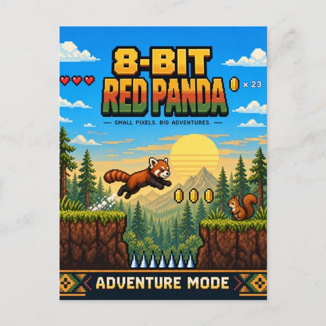 Postal Panda Rojo, Arte de Pixel Retro de 8 Bits (Anverso)