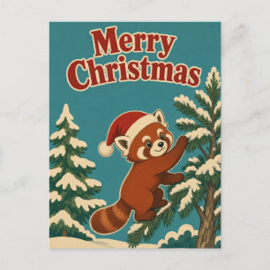 Postal Panda Rojo Borde de Pino Animal Navidad