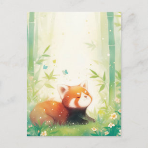 Postal Panda Rojo Dulce en Bosque de Bambú