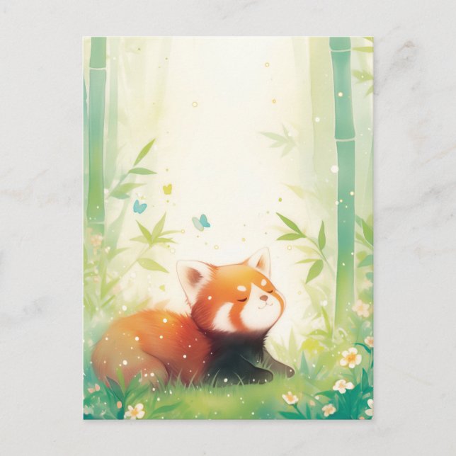 Postal Panda Rojo Dulce en Bosque de Bambú (Anverso)