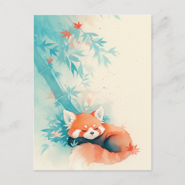 Postal Panda Rojo Durmiendo Bajo Bambú Azul (Anverso)